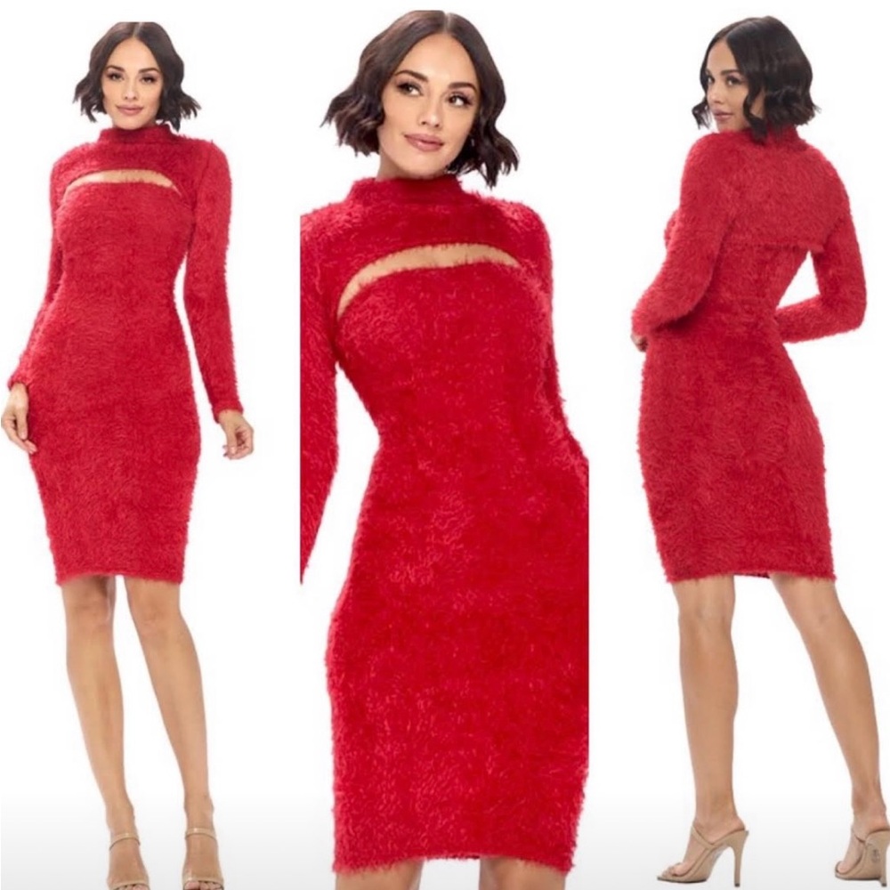 Red Mock Neck Cut Out Bodycon Dress